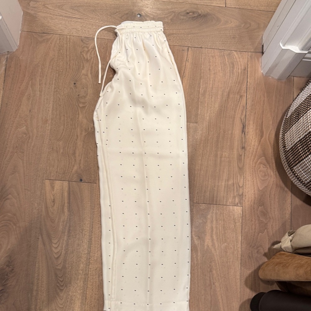 Brand New RÓHE Cream Drawstring silk pants with Subtle Black Dot Detail